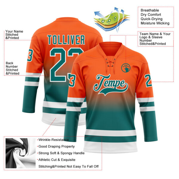 Custom Orange Teal-White Fade Fashion Hockey Lace Neck Jersey