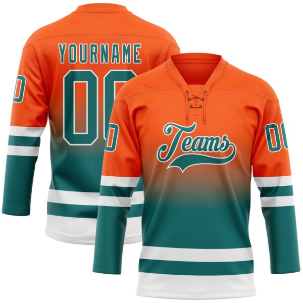 Custom Orange Teal-White Fade Fashion Hockey Lace Neck Jersey