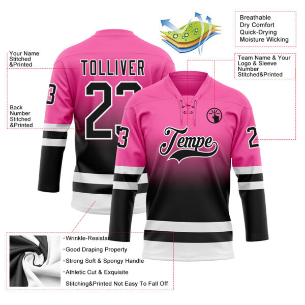 Custom Pink Black-White Fade Fashion Hockey Lace Neck Jersey