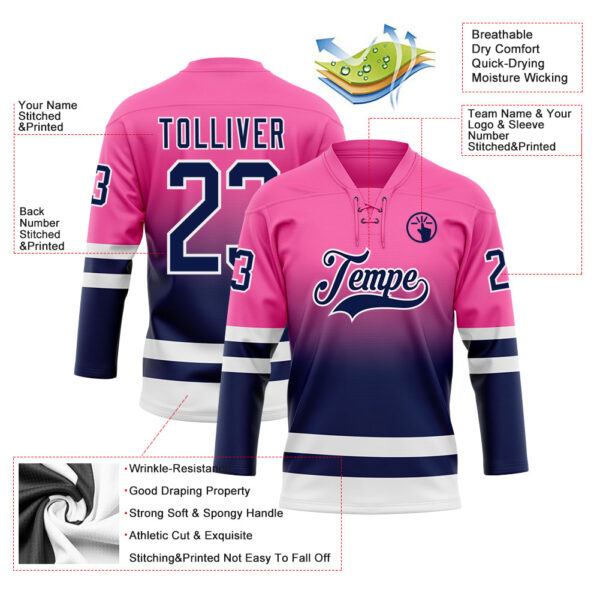 Custom Pink Navy-White Fade Fashion Hockey Lace Neck Jersey