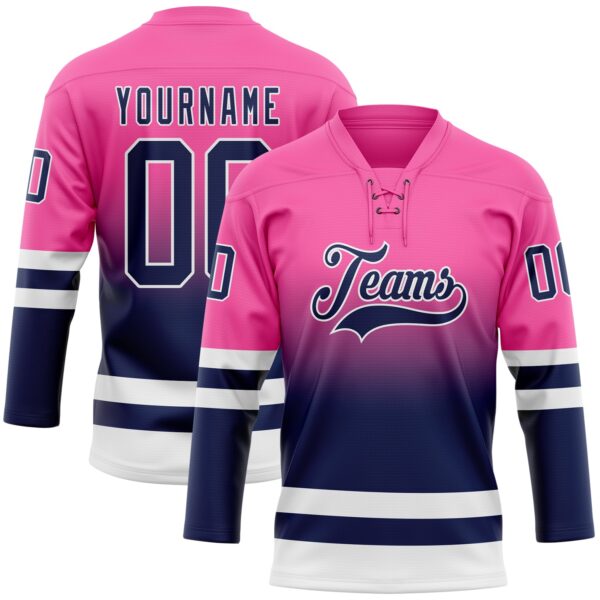 Custom Pink Navy-White Fade Fashion Hockey Lace Neck Jersey