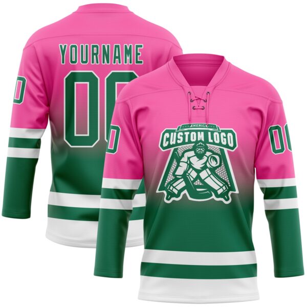 Custom Pink Kelly Green-White Fade Fashion Hockey Lace Neck Jersey