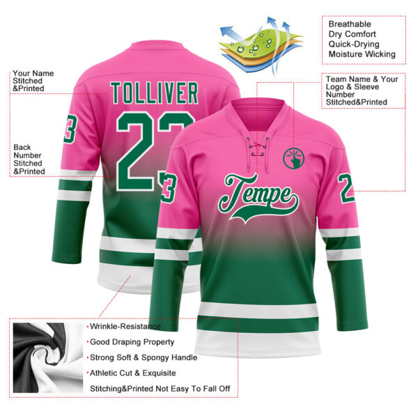 Custom Pink Kelly Green-White Fade Fashion Hockey Lace Neck Jersey