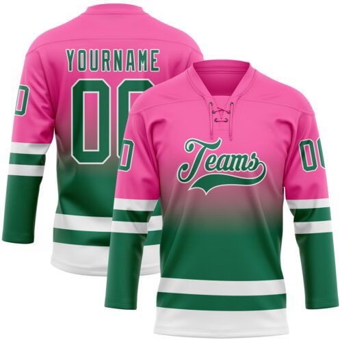 Custom Pink Kelly Green-White Fade Fashion Hockey Lace Neck Jersey