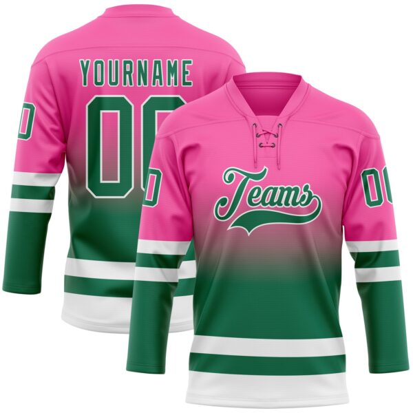 Custom Pink Kelly Green-White Fade Fashion Hockey Lace Neck Jersey