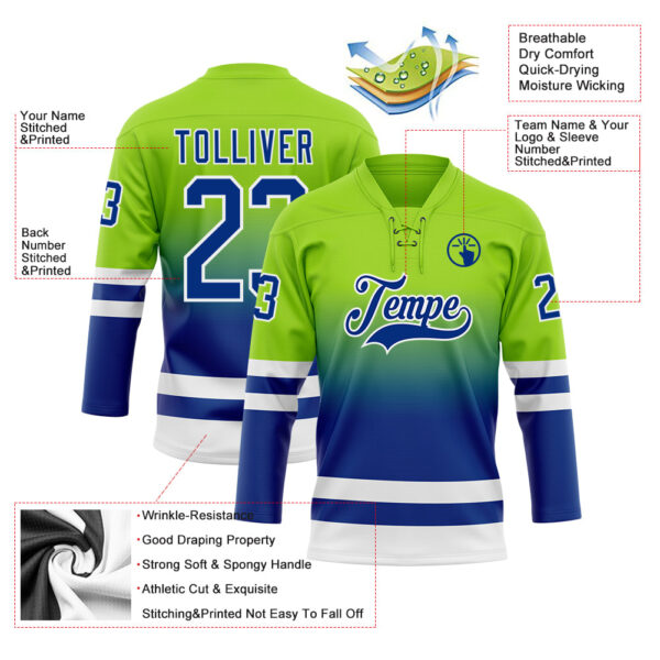Custom Neon Green Royal-White Fade Fashion Hockey Lace Neck Jersey