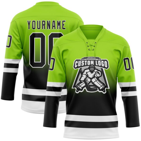 Custom Neon Green Black-White Fade Fashion Hockey Lace Neck Jersey