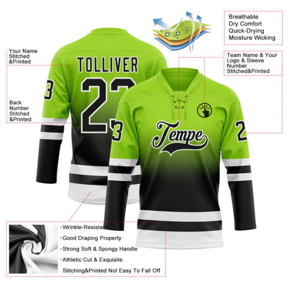 Custom Neon Green Black-White Fade Fashion Hockey Lace Neck Jersey