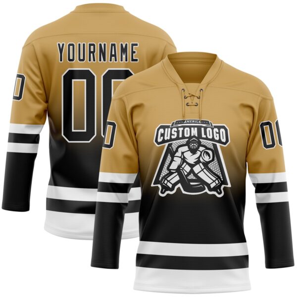 Custom Old Gold Black-White Fade Fashion Hockey Lace Neck Jersey