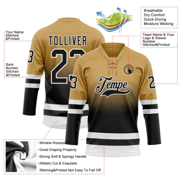 Custom Old Gold Black-White Fade Fashion Hockey Lace Neck Jersey
