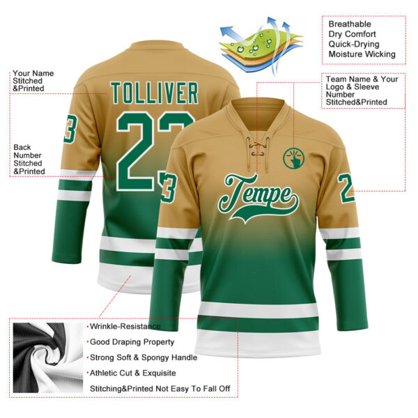 Custom Old Gold Kelly Green-White Fade Fashion Hockey Lace Neck Jersey