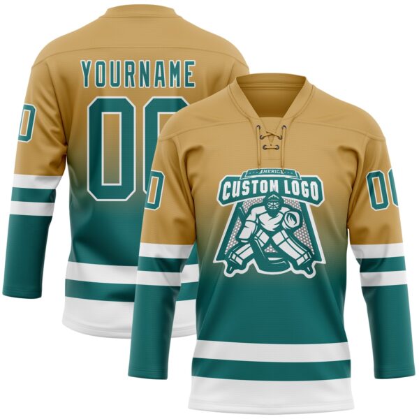 Custom Old Gold Teal-White Fade Fashion Hockey Lace Neck Jersey