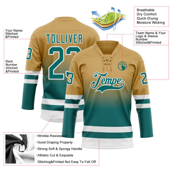 Custom Old Gold Teal-White Fade Fashion Hockey Lace Neck Jersey