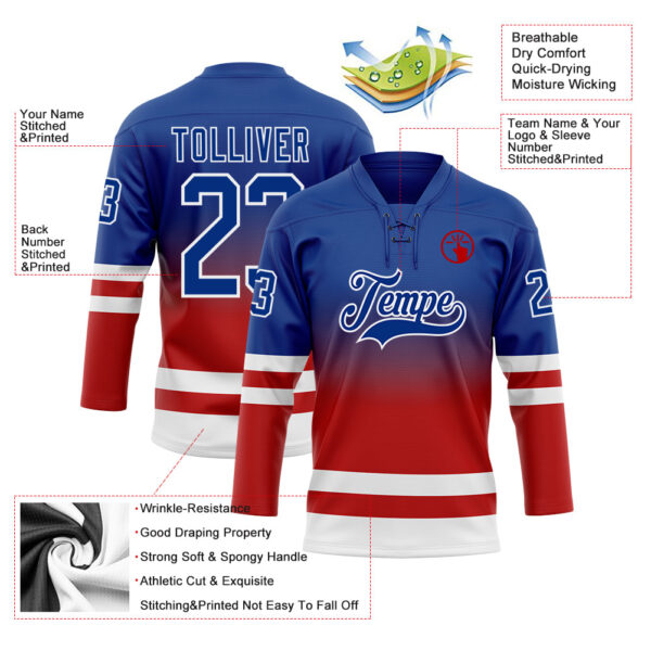 Custom Royal Red-White Fade Fashion Hockey Lace Neck Jersey