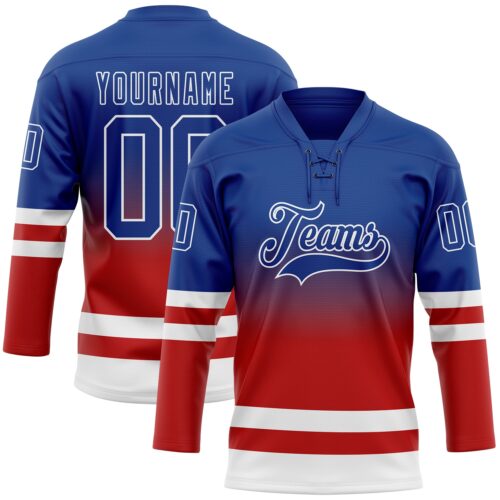 Custom Royal Red-White Fade Fashion Hockey Lace Neck Jersey