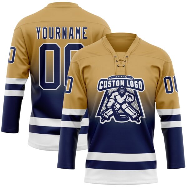 Custom Old Gold Navy-White Fade Fashion Hockey Lace Neck Jersey