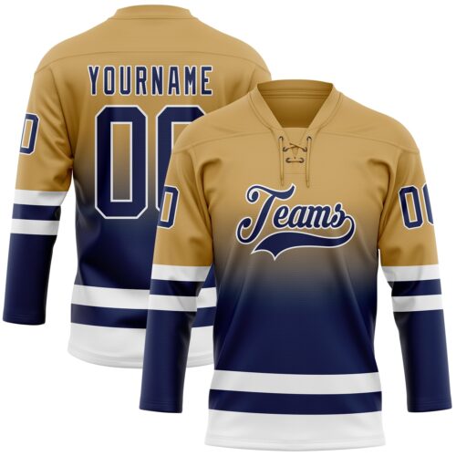 Custom Old Gold Navy-White Fade Fashion Hockey Lace Neck Jersey