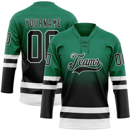Custom Kelly Green Black-White Fade Fashion Hockey Lace Neck Jersey