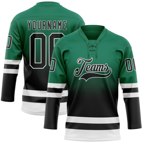 Custom Kelly Green Black-White Fade Fashion Hockey Lace Neck Jersey