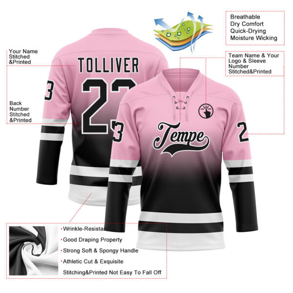 Custom Light Pink Black-White Fade Fashion Hockey Lace Neck Jersey