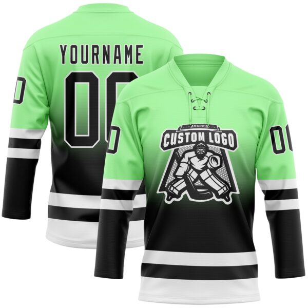 Custom Pea Green Black-White Fade Fashion Hockey Lace Neck Jersey