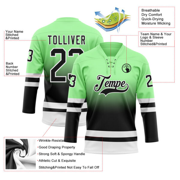 Custom Pea Green Black-White Fade Fashion Hockey Lace Neck Jersey