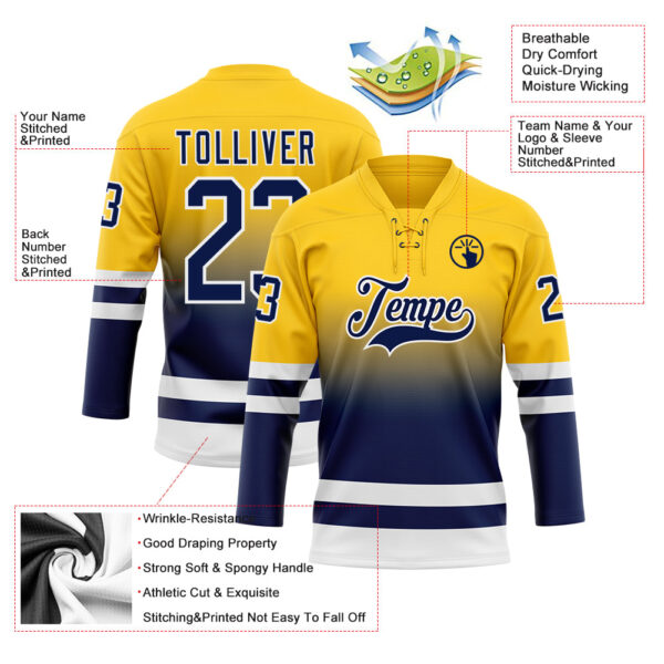 Custom Yellow Navy-White Fade Fashion Hockey Lace Neck Jersey