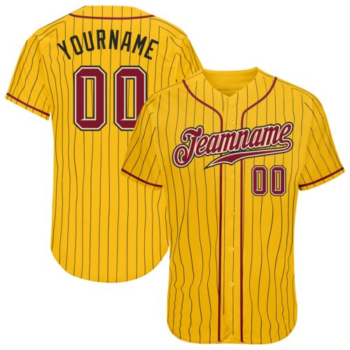 Gold0265 Custom Yellow Black Pinstripe Crimson-Cream Authentic Baseball Jersey