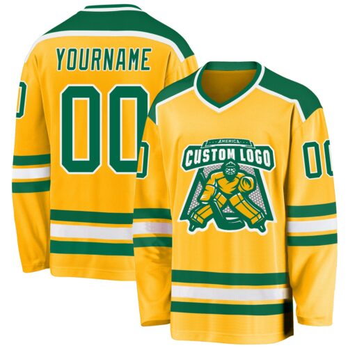 Gold0302 Custom Gold Kelly Green-White Hockey Jersey