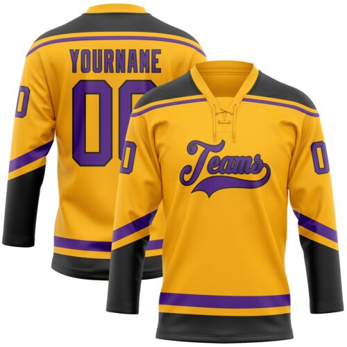 Gold0442 Custom Gold Purple-Black Hockey Lace Neck Jersey