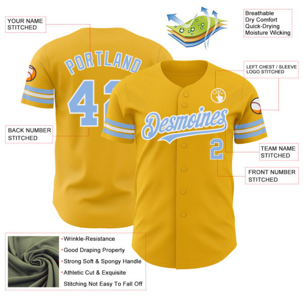 Custom Gold Light Blue-White Authentic Baseball Jersey