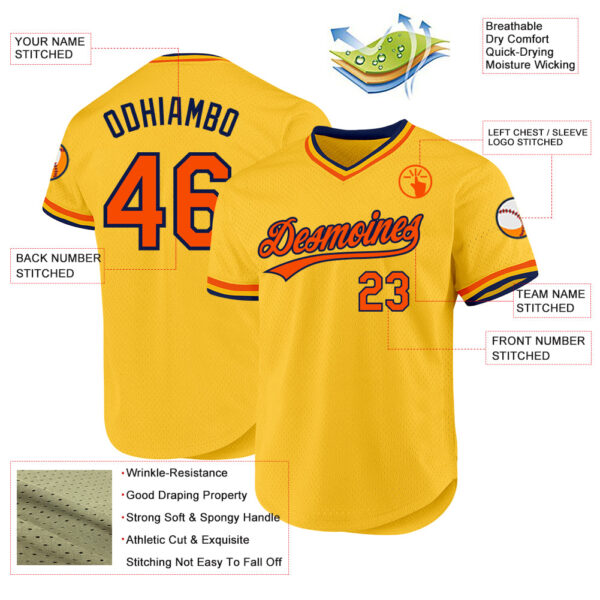Custom Gold Orange-Navy Authentic Throwback Baseball Jersey
