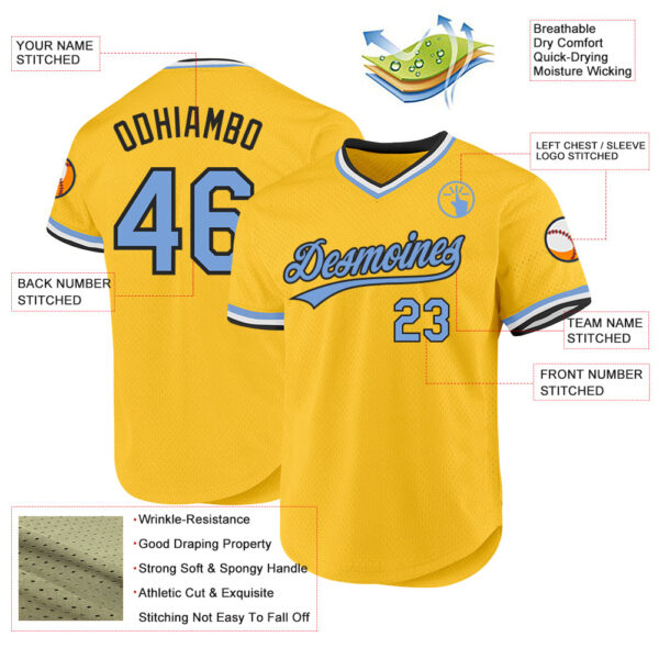Custom Gold Light Blue-Black Authentic Throwback Baseball Jersey