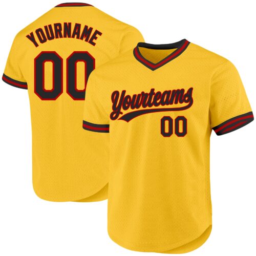 Gold0486 Custom Gold Black-Red Authentic Throwback Baseball Jersey