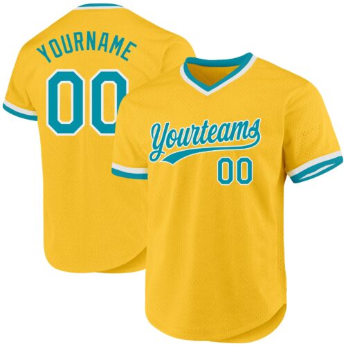 Gold0491 Custom Gold Teal-White Authentic Throwback Baseball Jersey