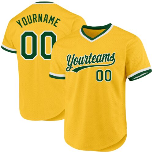 Gold0492 Custom Gold Green-White Authentic Throwback Baseball Jersey