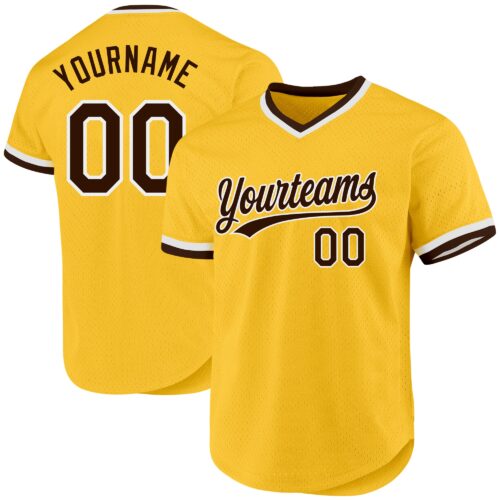 Gold0493 Custom Gold Brown-White Authentic Throwback Baseball Jersey