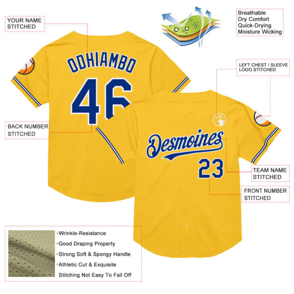 Custom Gold Royal-White Mesh Authentic Throwback Baseball Jersey