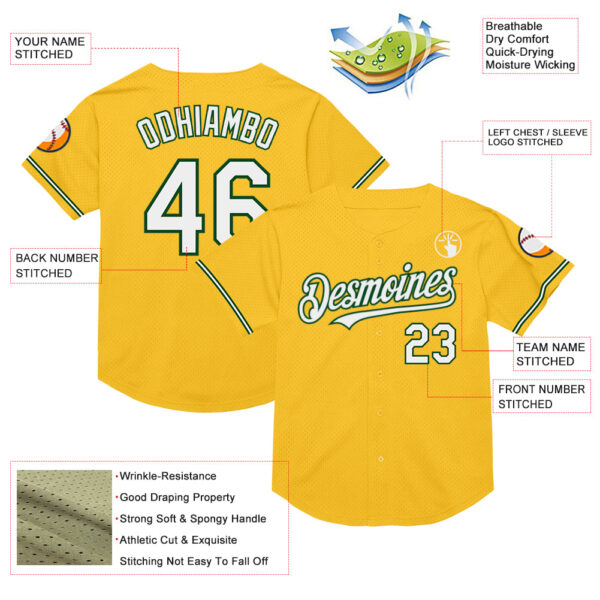 Custom Gold White-Green Mesh Authentic Throwback Baseball Jersey