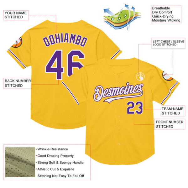 Custom Gold Purple-White Mesh Authentic Throwback Baseball Jersey