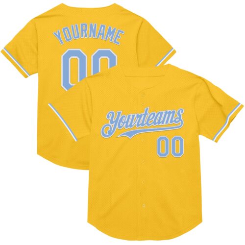 Custom Gold Light Blue-White Mesh Authentic Throwback Baseball Jersey