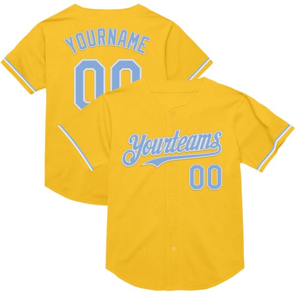 Custom Gold Light Blue-White Mesh Authentic Throwback Baseball Jersey