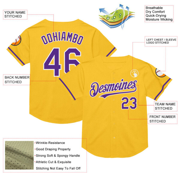 Custom Gold Purple-White Mesh Authentic Throwback Baseball Jersey