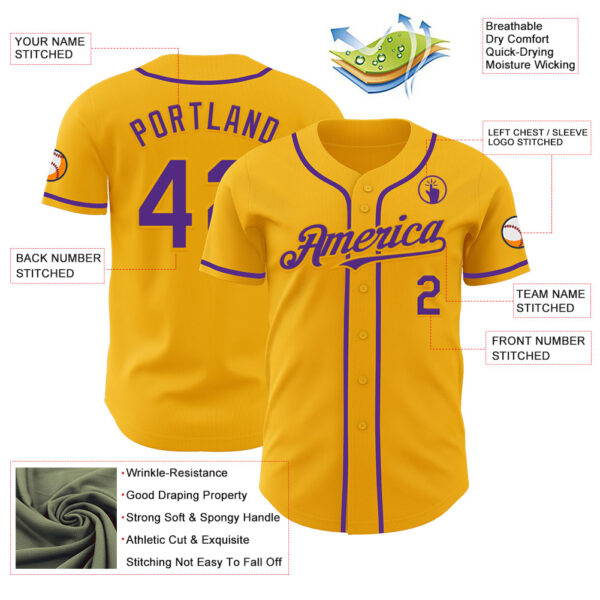 Custom Gold Purple Authentic Baseball Jersey