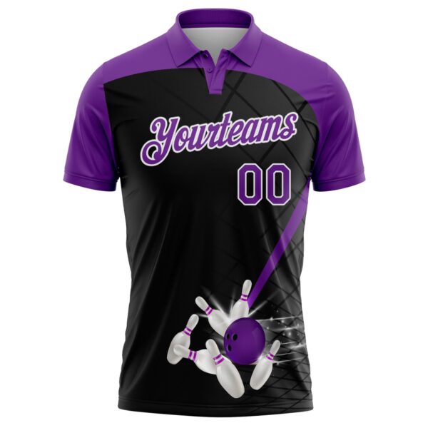Custom Black Purple-White 3D Pattern Design Bowling Performance Polo Shirt
