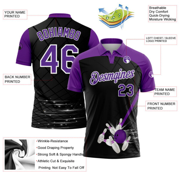 Custom Black Purple-White 3D Pattern Design Bowling Performance Polo Shirt