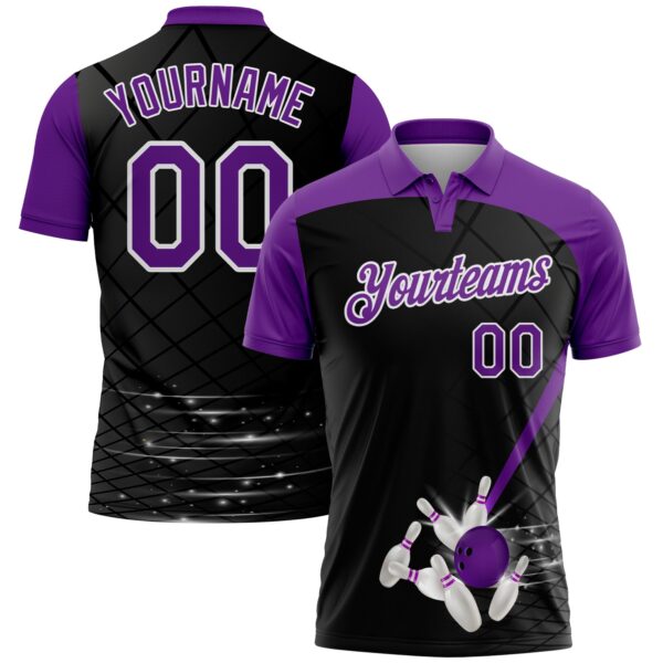 Custom Black Purple-White 3D Pattern Design Bowling Performance Polo Shirt