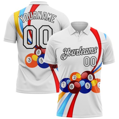 GolfPolo0354 Custom White Black 3D Pattern Design Billiards Performance Polo Shirt