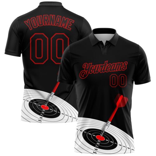 GolfPolo0373 Custom Black Red 3D Pattern Design Dart Board Target Performance Golf Polo Shirt