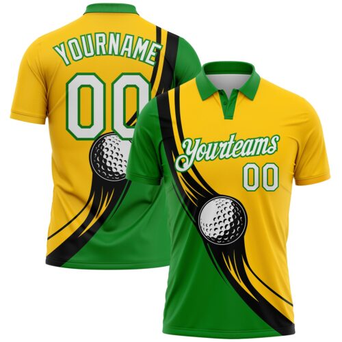 GolfPolo0374 Custom Yellow White-Grass Green 3D Pattern Design Golf Ball Performance Golf Polo Shirt